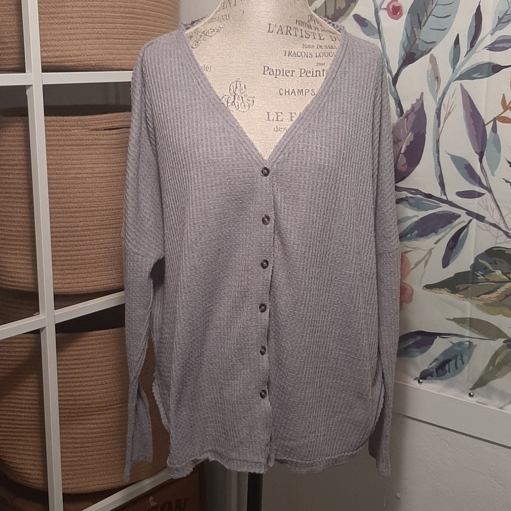 Out from under gray lightweight oversized cardigan